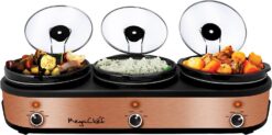 Megachef Triple 2.5 Quart Slow Cooker and Buffet Server in Brushed Copper and Black Finish with 3 Ceramic Cooking Pots and Removable Lid Rests