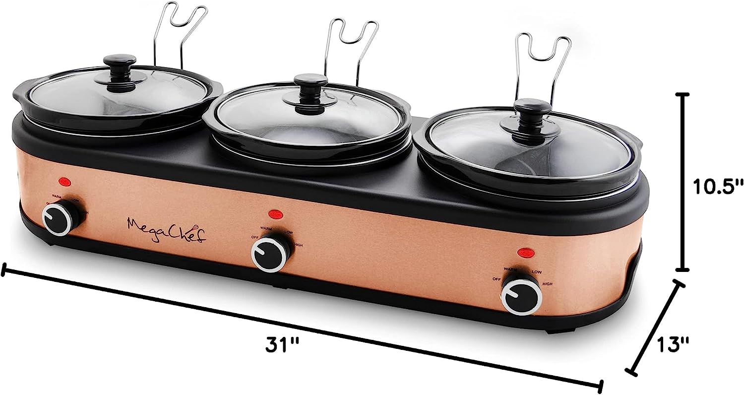 Megachef Triple 2.5 Quart Slow Cooker and Buffet Server in Brushed Copper  and Black Finish with 3 Ceramic Cooking Pots and Removable Lid Rests