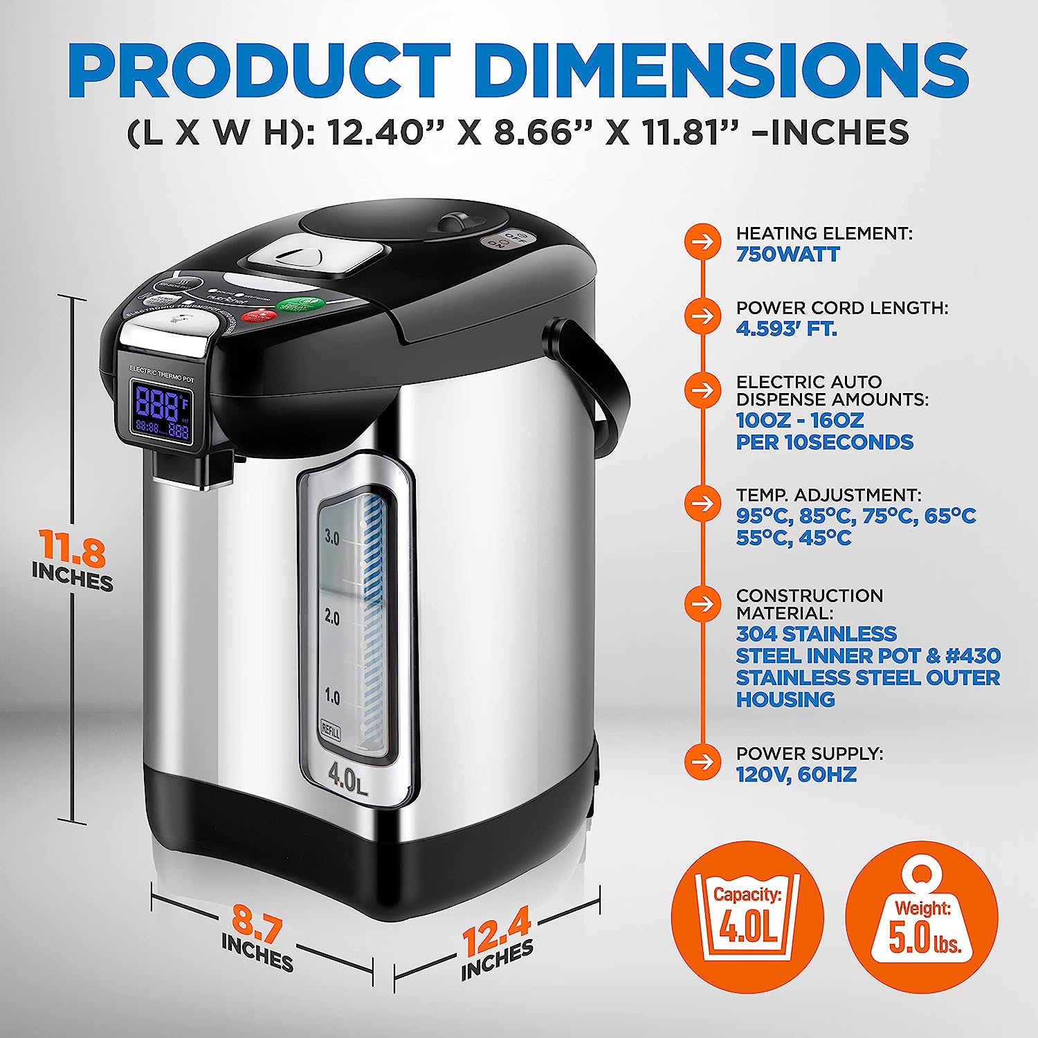 NutriChef Digital Water Boiler and Warmer - 4L 4.23 Qt Stainless Electric Hot Water Dispenser w LCD Display, Rotating Base, Keep Warm, Auto Shut Off, Safety Lock, Instant Heating for Coffee & Tea1