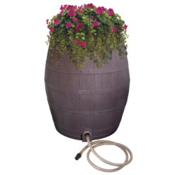 Rescue 50-Gallon Whiskey Rain Barrel – Includes Planter, Rain Water Diverter, Outlet Hose – Flatback Design – Brown