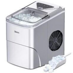 Silonn Ice Makers Countertop, 9 Cubes Ready in 6 Mins, 26lbs in 24Hrs, Self-Cleaning Ice Machine with Ice Scoop and Basket, 2 Sizes of Bullet Ice for Home Kitchen Office Bar Party, Silver