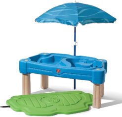 Step2 Cascading Cove with Umbrella, Kids Sand and Water Activity Sensory Table, 6 Piece Accessory Kit, Toddler Summer Outdoor Toys, 2 – 10 Years Old