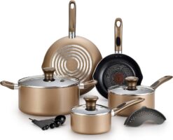 T-fal B036SE Excite ProGlide Nonstick Thermo-Spot Heat Indicator Dishwasher Oven Safe Cookware Set, 14-Piece, Bronze