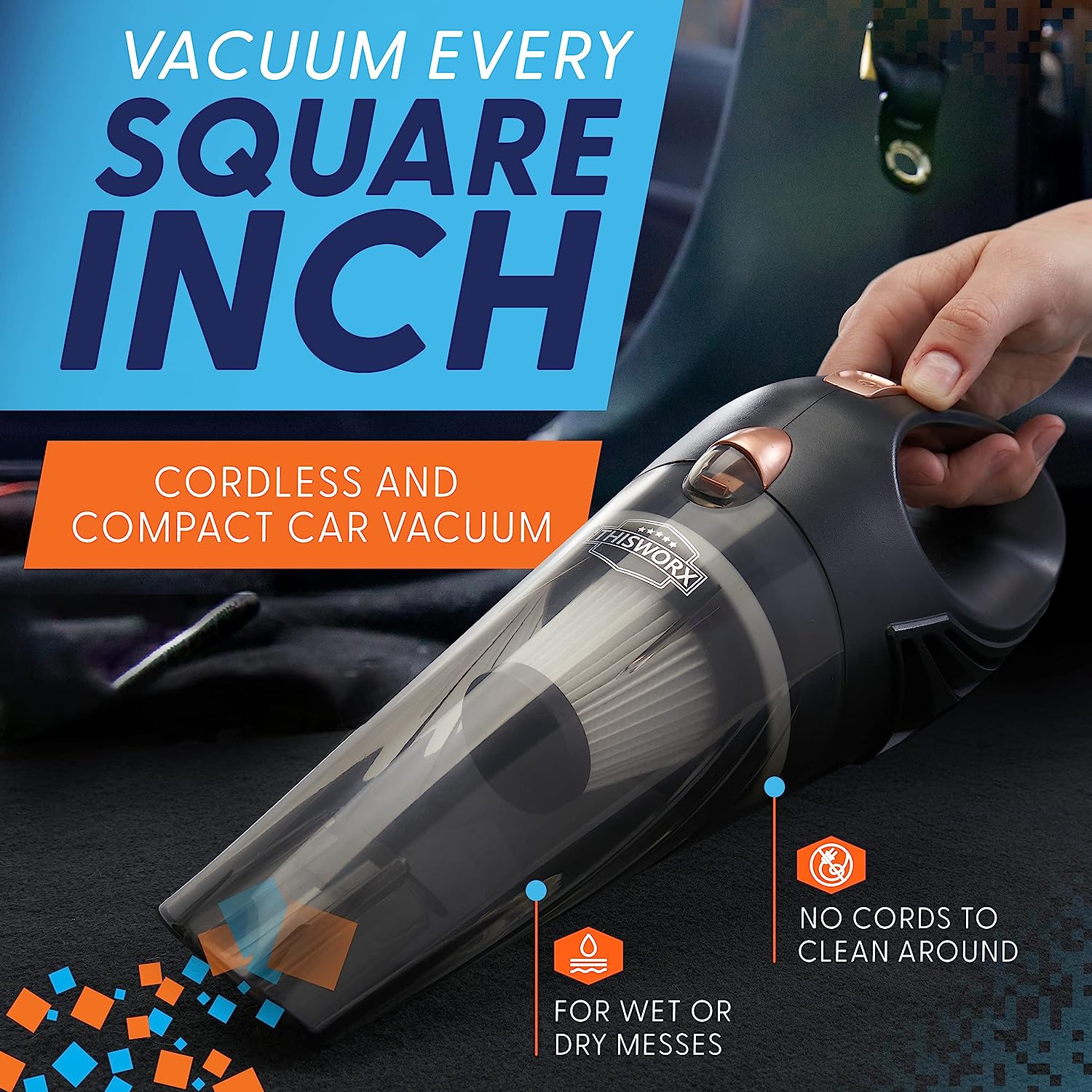 ThisWorx Cordless Car Vacuum - Portable, Mini Handheld Vacuum  w/Rechargeable Battery and 3 Attachments - High-Powered Vacuum Cleaner w/  60w Motor, Black Cordless