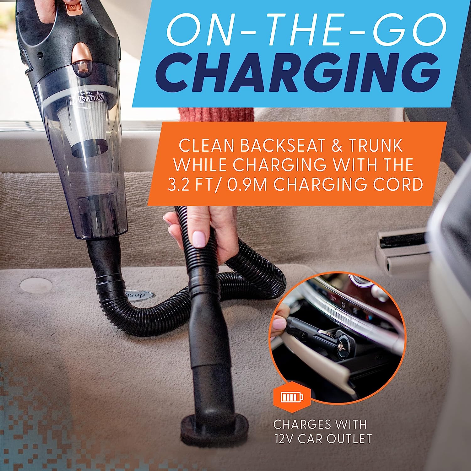 ThisWorx Cordless Car Vacuum - Portable, Mini Handheld Vacuum  w/Rechargeable Battery and 3 Attachments - High-Powered Vacuum Cleaner w/  60w Motor, Black Cordless