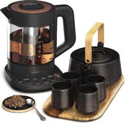 Vianté Luxury Tea Party Set. Complete with Automatic Tea Maker with Tea Infuser for loose tea or tea bags. Ceramic serving set. Tea pot, tea cup set and wooden tray. Excellent gift for tea lovers.