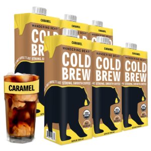 Wandering Bear Organic Caramel Cold Brew Coffee, 32 fl oz, 6 pack - Extra Strong, Smooth, Organic, Unsweetened, Shelf-Stable, and Ready to Drink Iced Coffee, Cold Brewed Coffee, Cold Coffee
