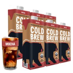 Wandering Bear Organic Mocha Cold Brew Coffee, 32 fl oz, 6 pack - Extra Strong, Smooth, Organic, Unsweetened, Shelf-Stable, and Ready to Drink Iced Coffee, Cold Brewed Coffee, Cold Coffee