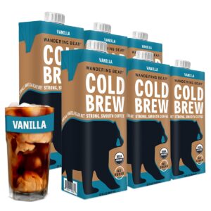 Wandering Bear Organic Vanilla Cold Brew Coffee, 32 fl oz, 6 pack - Extra Strong, Smooth, Organic, Unsweetened, Shelf-Stable, and Ready to Drink Iced Coffee, Cold Brewed Coffee, Cold Coffee