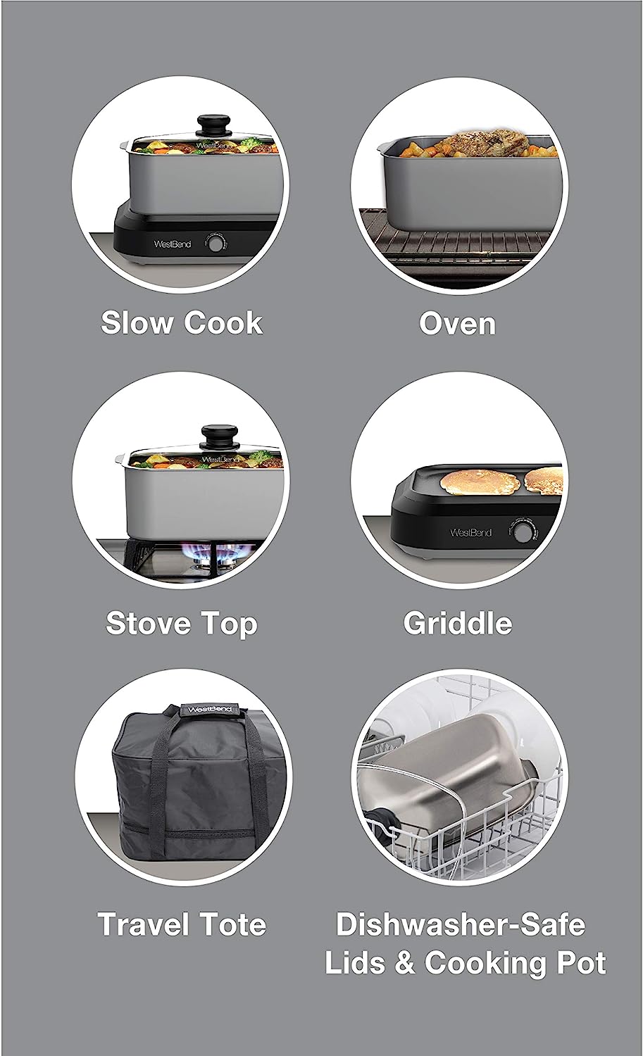  West Bend 87905 Slow Cooker Large Capacity, 5-Quart, Silver &  87906 Slow Cooker Large Capacity Non-stick Variable Temperature Control  Includes Travel Lid and Thermal Carrying Case, 6-Quart, Silver : Clothing,  Shoes