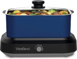 West Bend 87905B Slow Cooker Large Capacity Non-stick Variable Temperature Control Includes Travel Lid and Thermal Carrying Case, 5-Quart, Blue