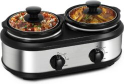 X WINDAZE Dual Slow Cooker, Buffet Servers and Warmers with 2 X 1.25Qt, Tempered glass lids and Lid Rests, 3 Adjustable Temp, Stainless Steel