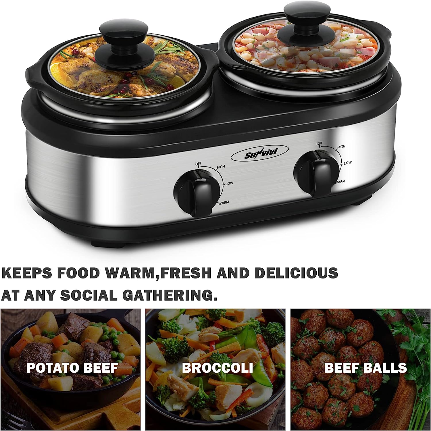 X WINDAZE Dual Slow Cooker, Buffet Servers and Warmers with 2 X 1.25Qt,  Tempered glass lids and Lid Rests, 3 Adjustable Temp, Stainless Steel
