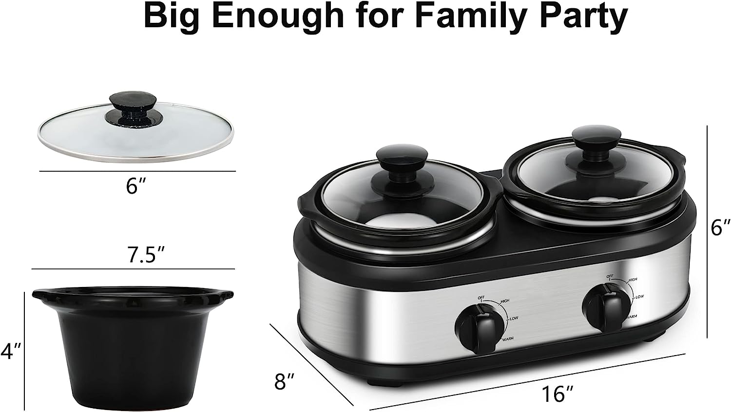  Dual Slow Cooker, Buffet Servers and Warmers with 2 X 1.25Qt,  Tempered glass lids and Lid Rests, 3 Adjustable Temp, Stainless Steel: Home  & Kitchen