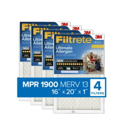 Filtrete 16x20x1 Air Filter, MPR 1900 MERV 13, Healthy Living Ultimate Allergen, Captures Smoke, Bacteria and Virus Particles, 4 Filters