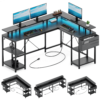 Lulive L Shaped Desk with LED Light and Power Outlet, 95" Reversible Corner Computer Desk with Monitor Stand and Storage Shelf, Modern L- Shaped Gaming Desk, Black