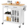 Yaheetech Mobile Kitchen Island Kitchen Cart with Bamboo Top and Storage & Tempered Glass Cabinet Door, White