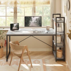 Bestier 63 inch Computer Desk with Storage Shelves, Modern Bookshelf with Headphone Hook Light Grey