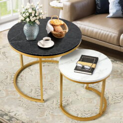 Amzdeal Coffee Tables for Living Room - Small Round Coffee Table Set of 2 Nesting Tables for Small Spaces, Black+White