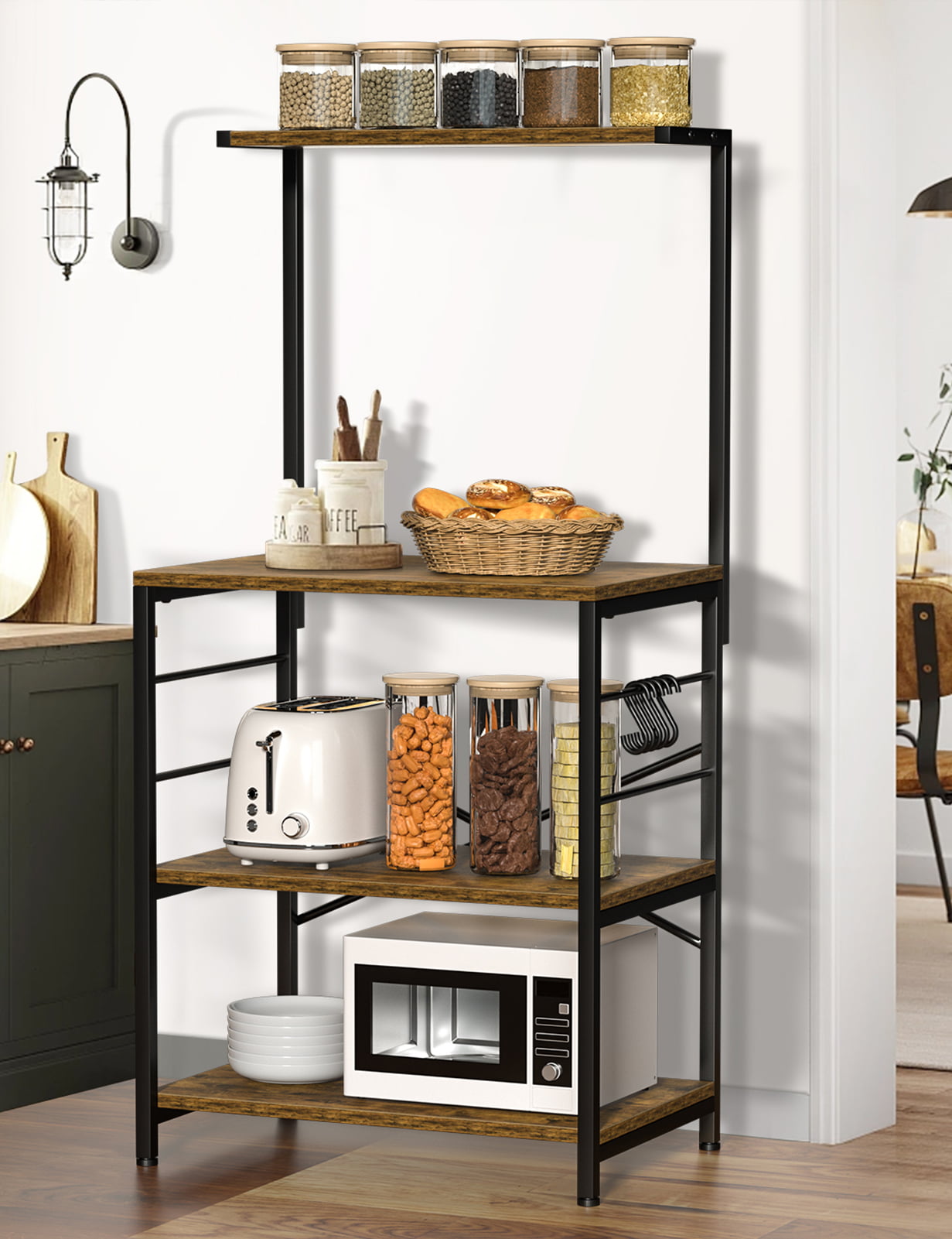 MONVANE Kitchen Baker's Rack Storage Shelf Microwave Cart Oven Stand Coffee Bar with Side Hooks 4 Tier Shelves(Rustic Brown) MONVANE Kitchen Baker's Rack Storage Shelf Microwave Cart Oven Stand Coffee Bar with Side Hooks 4 Tier Shelves(Rustic Brown)