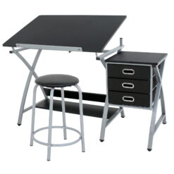 HomGarden Wood Drafting Desk Adjustable Drawing Table Tiltable W/ Stool & 3 Drawers, Black