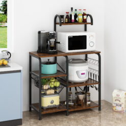 Ktaxon 5-Tier Bakers Rack, Kitchen Utility Microwave Oven Stand with Storage Shelves,10 Hooks & Metal Basket, Vintage Brown
