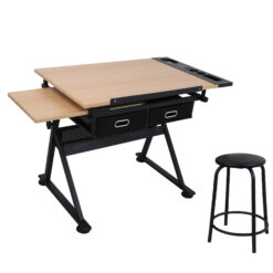 ZENSTYLE Adjustable Drafting Drawing Table Craft Tiltable Tabletop with Stool + 2 Drawers