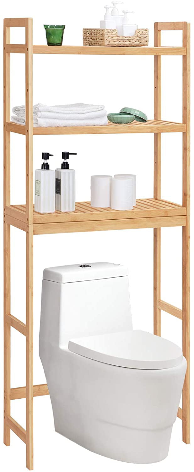 Bamboo Bathroom Shelves Organizer Shelves for Storage Black Adjustable 3 Tiers Floating Shelf Over The Toilet Storage with Hanging Rod