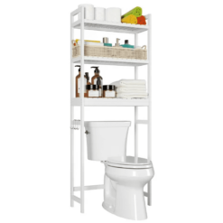 Over The Toilet Storage, Wooden 3-Tier Over-The-Toilet Rack Bathroom Space  Saver Organizer, Freestanding Above Toilet with Toilet Paper Holder and  Hooks (White)