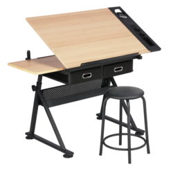 Yaheetech Adjustable Height Drawing Table Drafting Desk with P2 Tiltable Tabletop, Stool and 2 Drawers