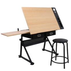 HomGarden Wood Drafting Desk Drawing Table Art Craft Station Tiltable W/ Stool & Drawer