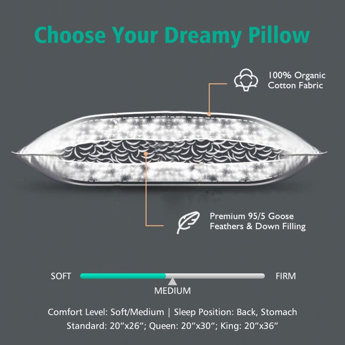 APSMILE Goose Feather Down Pillows -Set of 2 Soft Bed Pillows for Sleeping 100% Organic Cotton Queen Size Hotel-Quality Pillows Insert for Stomach Back Sleepers2
