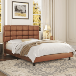 Alden Design Upholstered Tufted Platform Full Bed, Amber Brown