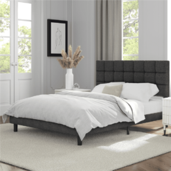 Alden Design Upholstered Tufted Platform Queen Bed, Dark Gray
