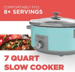 BLACK+DECKER 7 Quart Dial Control Slow Cooker with Built in Lid Holder, Teal Pattern