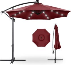 Best Choice Products 10ft Solar LED Offset Hanging Market Patio Umbrella for Backyard, Poolside, Lawn and Garden wEasy Tilt Adjustment, Polyester Shade, 8 Ribs - Burgundy