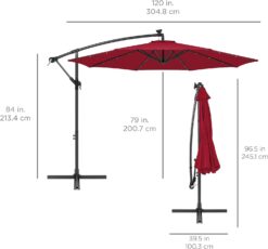 Best Choice Products 10ft Solar LED Offset Hanging Market Patio Umbrella for Backyard, Poolside, Lawn and Garden wEasy Tilt Adjustment, Polyester Shade, 8 Ribs - Burgundy