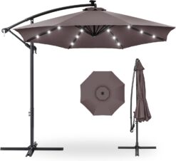 Best Choice Products 10ft Solar LED Offset Hanging Market Patio Umbrella for Backyard, Poolside, Lawn and Garden wEasy Tilt Adjustment, Polyester Shade, 8 Ribs - Deep Taupe