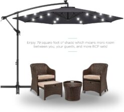 Best Choice Products 10ft Solar LED Offset Hanging Market Patio Umbrella for Backyard, Poolside, Lawn and Garden wEasy Tilt Adjustment, Polyester Shade, 8 Ribs - Gray