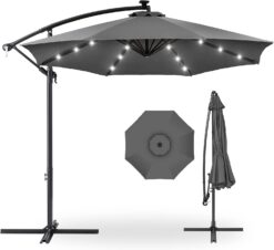 Best Choice Products 10ft Solar LED Offset Hanging Market Patio Umbrella for Backyard, Poolside, Lawn and Garden wEasy Tilt Adjustment, Polyester Shade, 8 Ribs - Gray