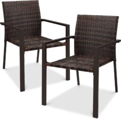 Best Choice Products Set of 2 Stackable Outdoor Wicker Dining Chairs All-Weather Firepit Armchair wArmrests, Steel Frame for Patio, Deck, Garden, Yard - Brown