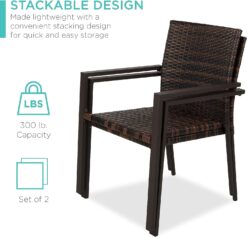 Best Choice Products Set of 2 Stackable Outdoor Wicker Dining Chairs All-Weather Firepit Armchair wArmrests, Steel Frame for Patio, Deck, Garden, Yard - Brown