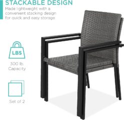 Best Choice Products Set of 2 Stackable Outdoor Wicker Dining Chairs All-Weather Firepit Armchair wArmrests, Steel Frame for Patio, Deck, Garden, Yard - Gray
