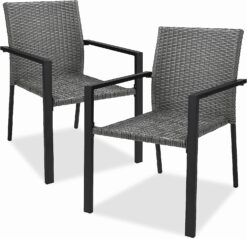 Best Choice Products Set of 2 Stackable Outdoor Wicker Dining Chairs All-Weather Firepit Armchair wArmrests, Steel Frame for Patio, Deck, Garden, Yard - Gray