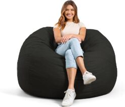 Big Joe Fuf Large Foam Filled Bean Bag Chair with Removable Cover, Black Lenox, Durable Woven Polyester, 4 feet Big