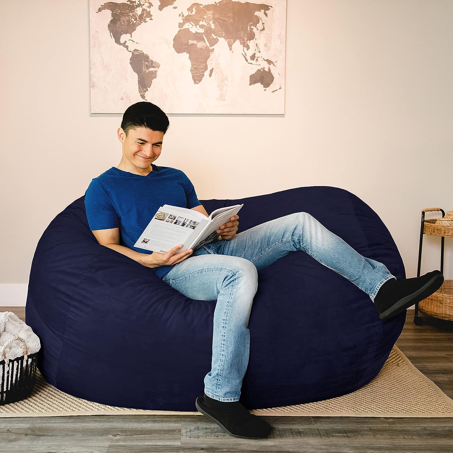 Big Joe Fuf XL Foam Filled Bean Bag Chair with Removable Cover, Midnight  Plush, Soft Polyester, 5 feet Giant , Navy Plush