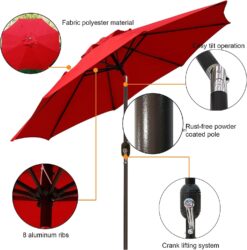 Blissun 9ft Patio Umbrella, Manual Push Button Tilt and Crank Garden Parasol (Red)