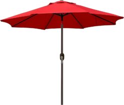 Blissun 9ft Patio Umbrella, Manual Push Button Tilt and Crank Garden Parasol (Red)