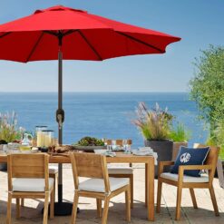 Blissun 9ft Patio Umbrella, Manual Push Button Tilt and Crank Garden Parasol (Red)