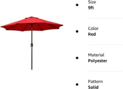 Blissun 9ft Patio Umbrella, Manual Push Button Tilt and Crank Garden Parasol (Red)